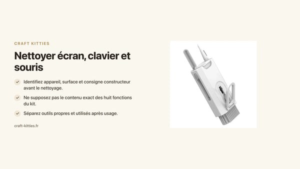 Nettoyer écran, clavier et souris : vérifier les consignes avant de choisir un outil du kit — Craft Kitties