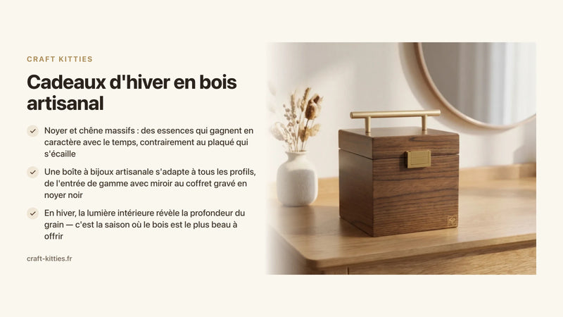 Cadeaux d'hiver en bois artisanal : pourquoi le noyer et le chêne s'offrent en saison froide — Craft Kitties