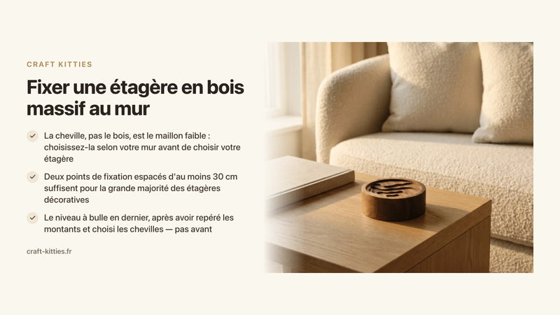 Fixer une étagère en bois massif au mur : chevilles, poids max et niveau — Craft Kitties