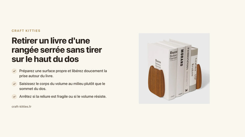 Retirer un livre d'une rangée serrée sans tirer sur le haut du dos — Craft Kitties