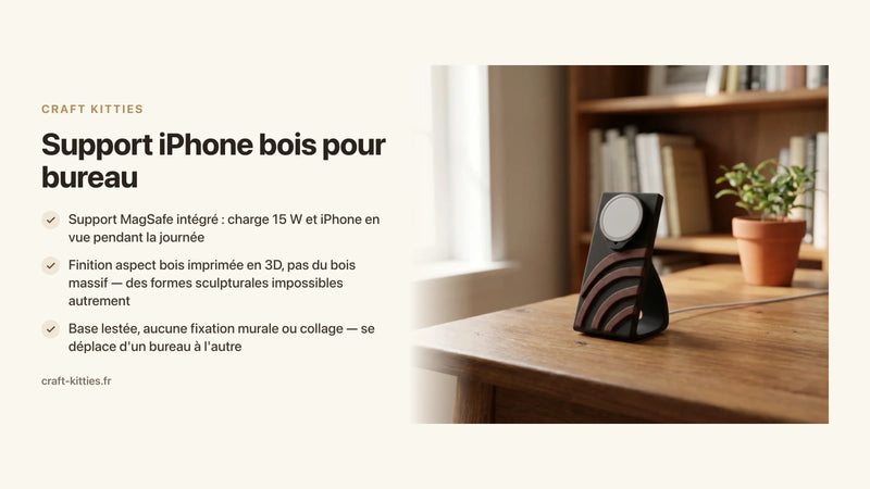Support iPhone bois pour bureau : socle MagSafe ou passif, guide — Craft Kitties