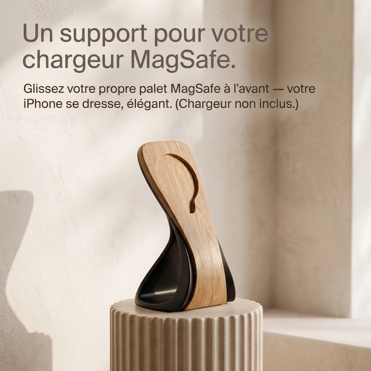 Support téléphone Silhouette aspect bois — MagSafe & Android