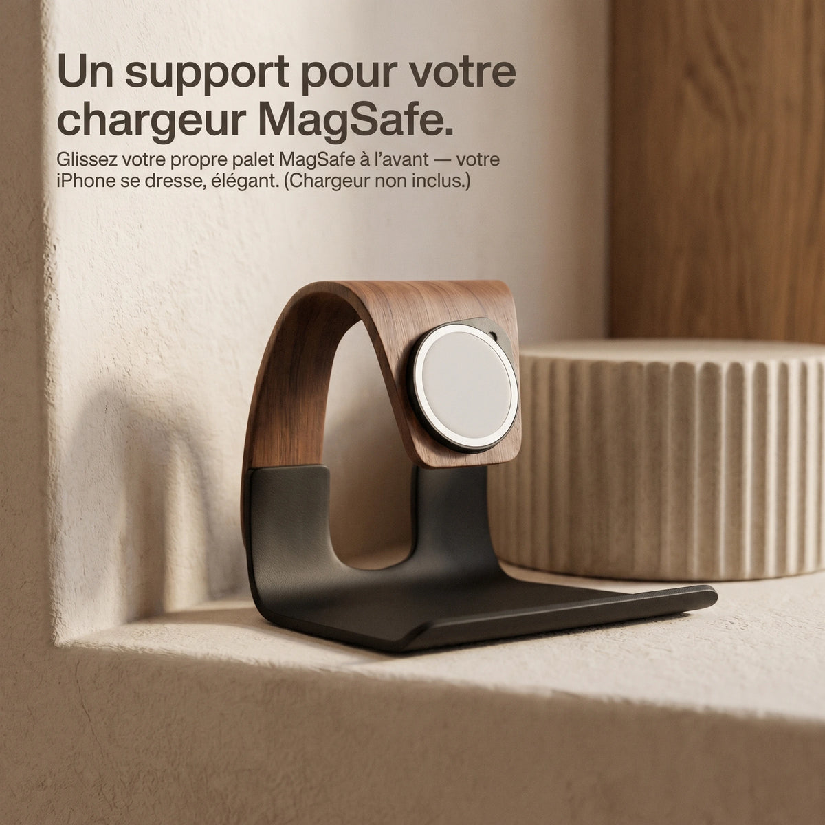 Chargeur sans fil Cascade — support MagSafe aspect bois