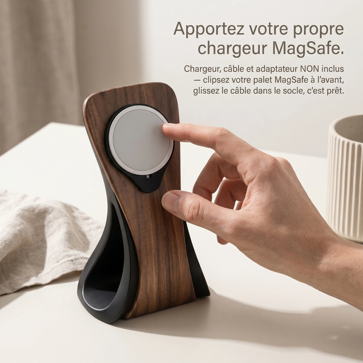 Support téléphone Silhouette aspect bois — MagSafe & Android