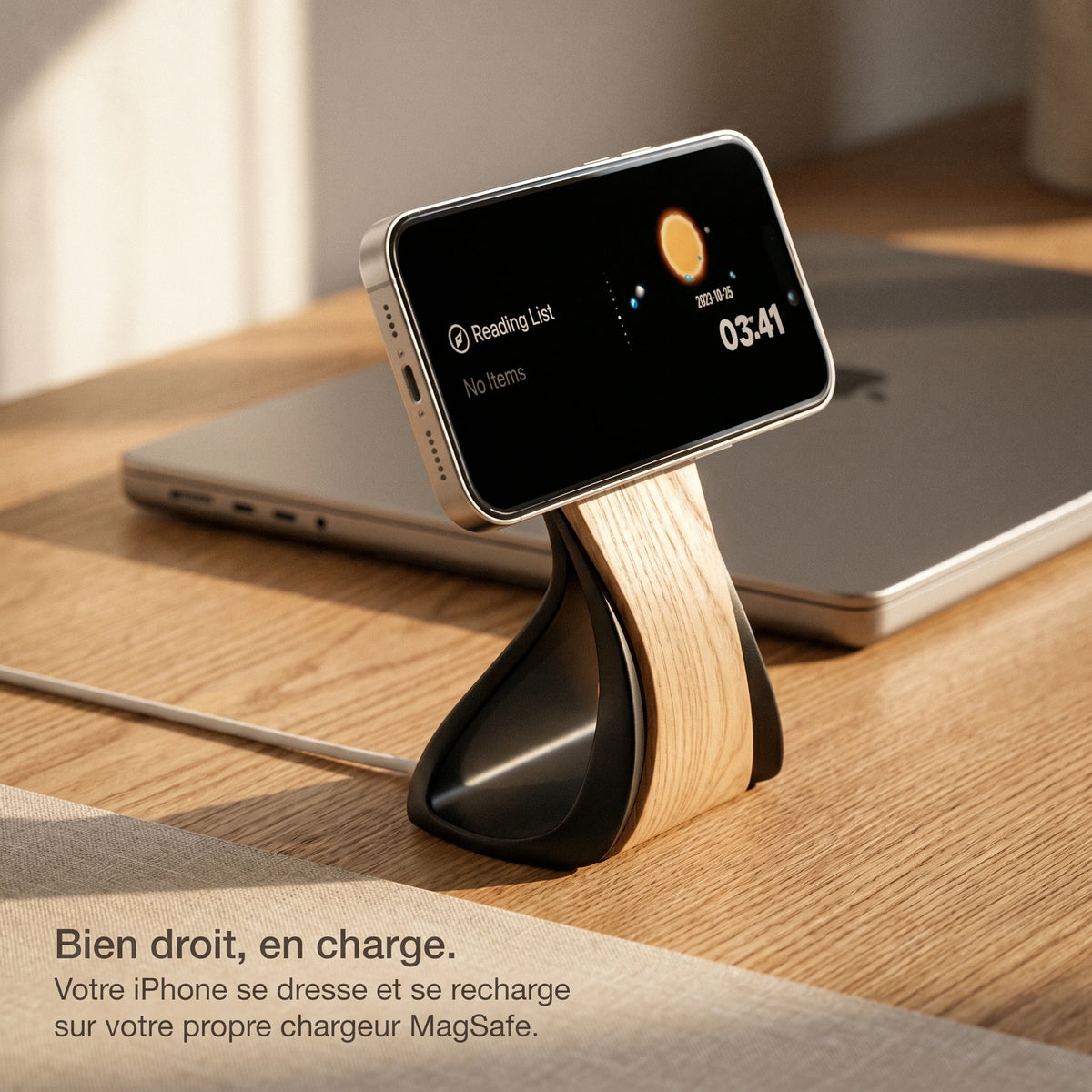 Support téléphone Silhouette aspect bois — MagSafe & Android