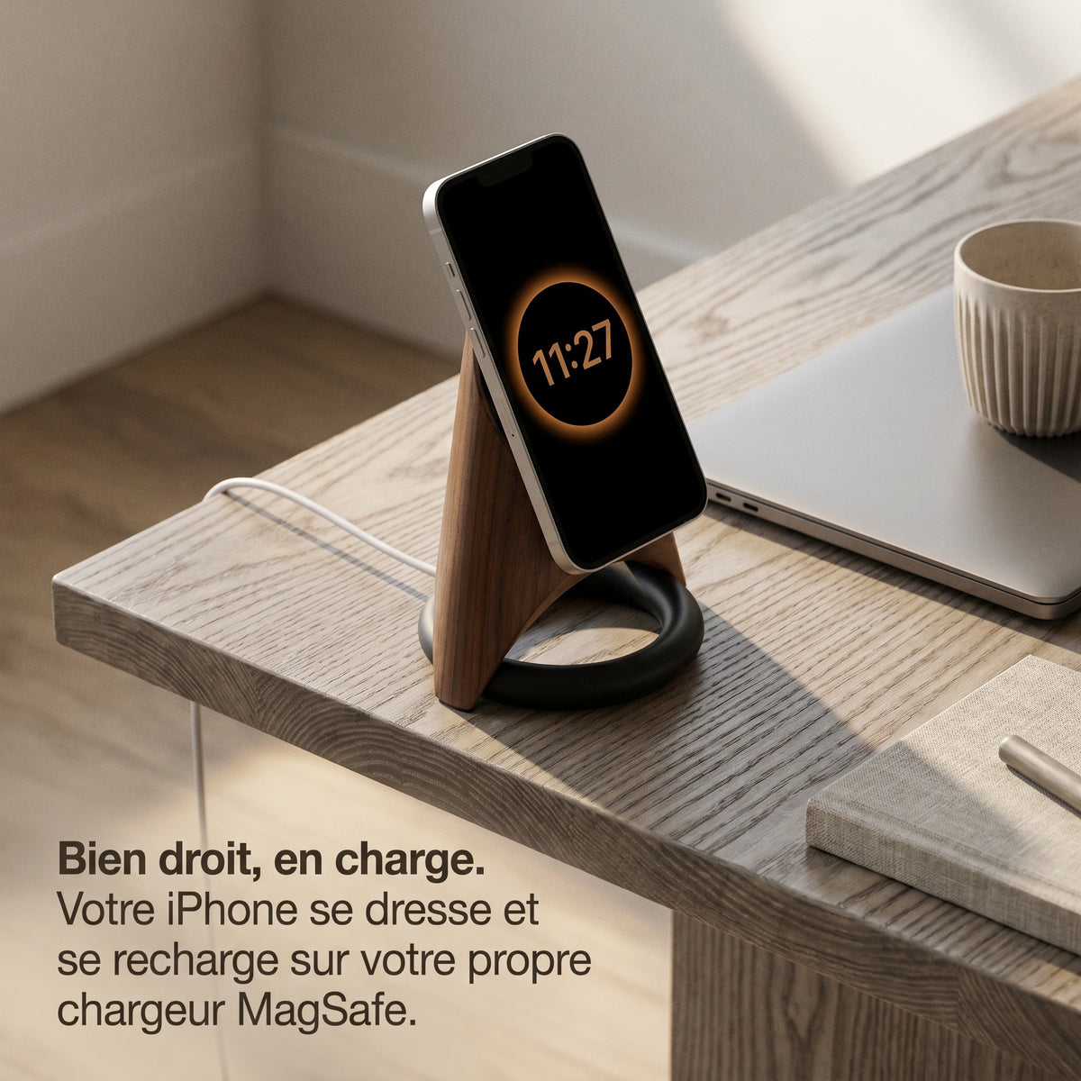 Support téléphone Fusée aspect bois — MagSafe & Android