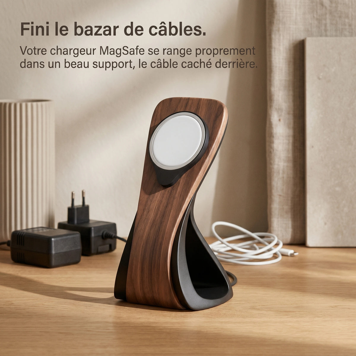 Support téléphone Silhouette aspect bois — MagSafe & Android
