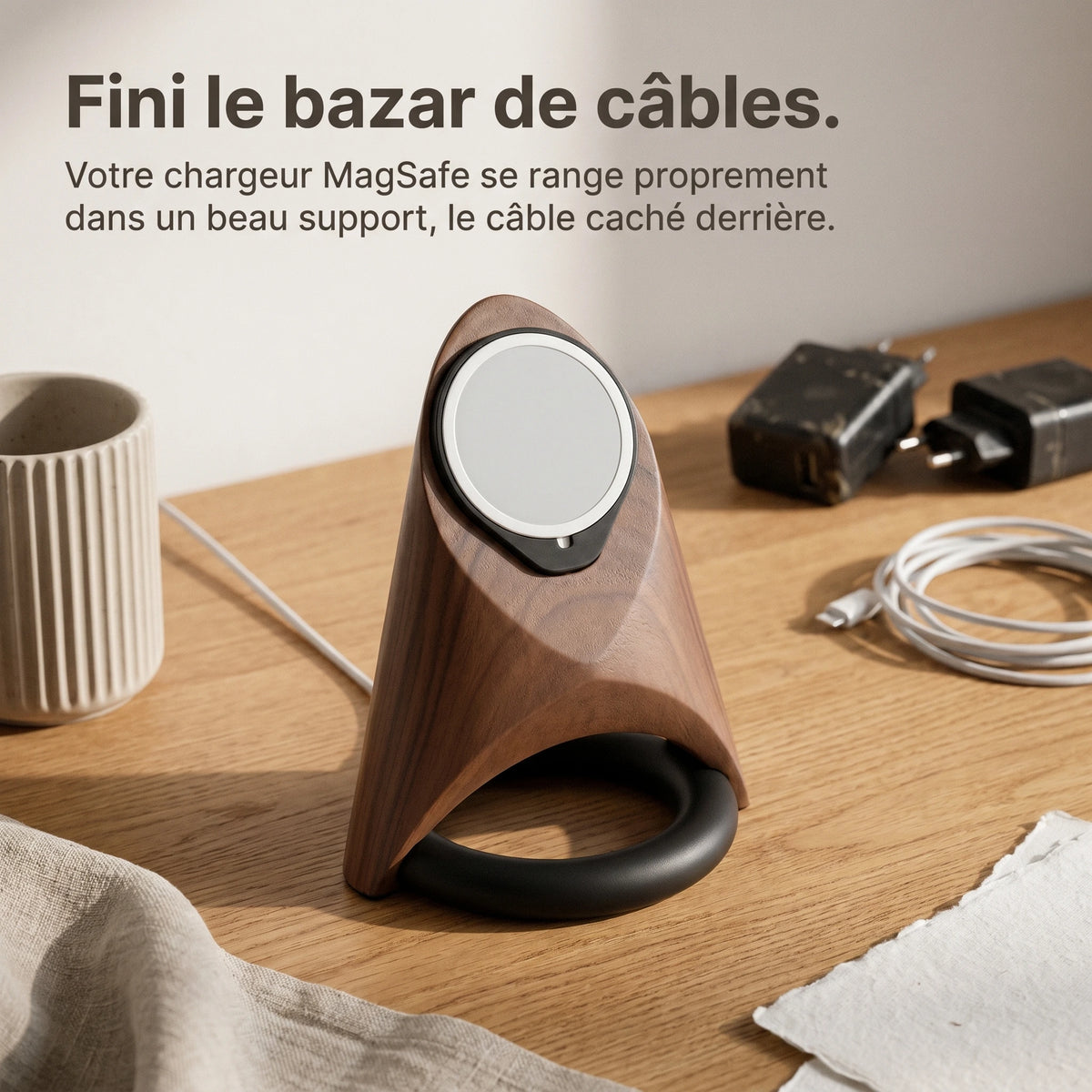 Support téléphone Fusée aspect bois — MagSafe & Android