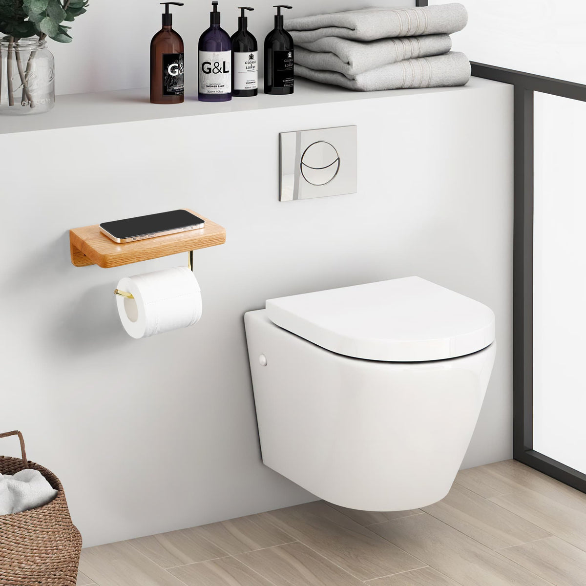Dérouleur papier toilette chêne rouge avec plateau laiton — LUCIO