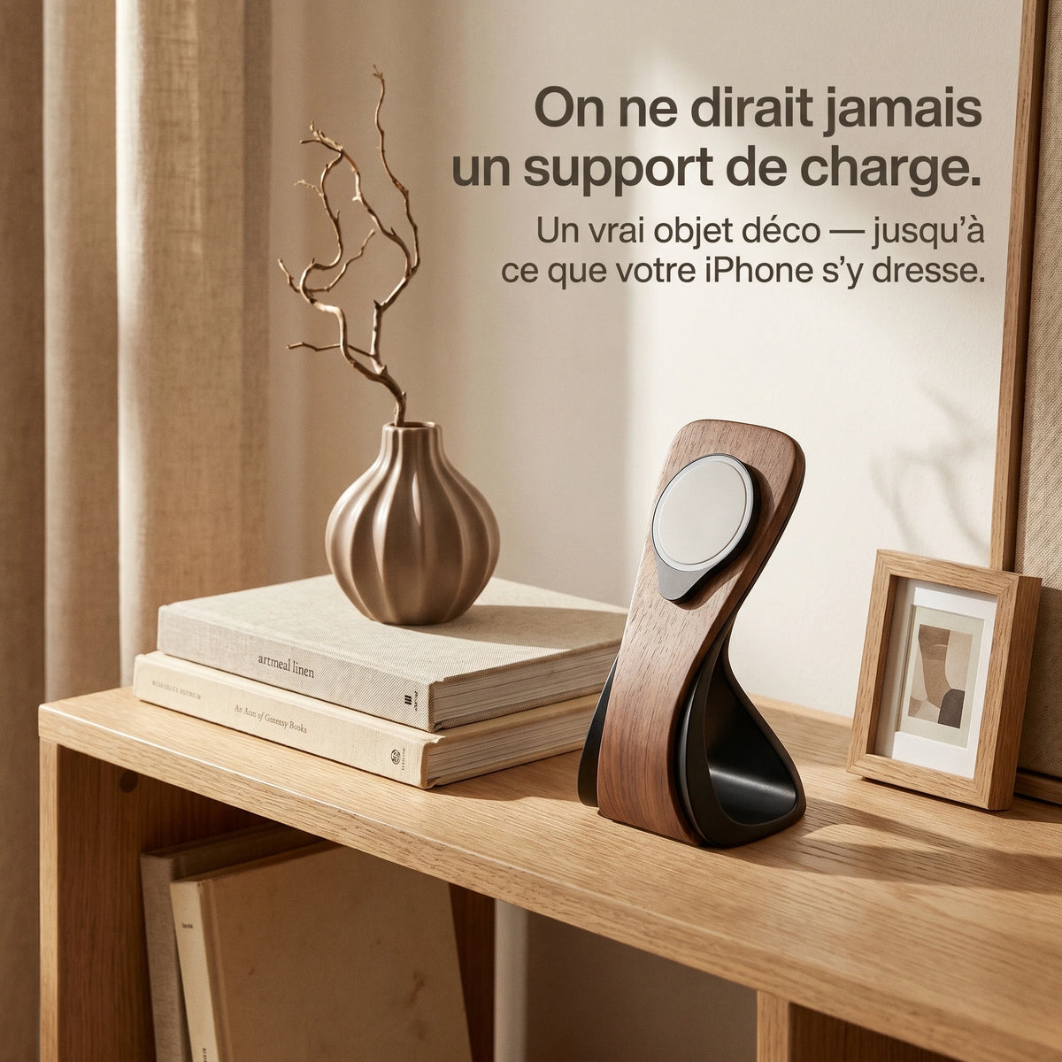 Support téléphone Silhouette aspect bois — MagSafe & Android