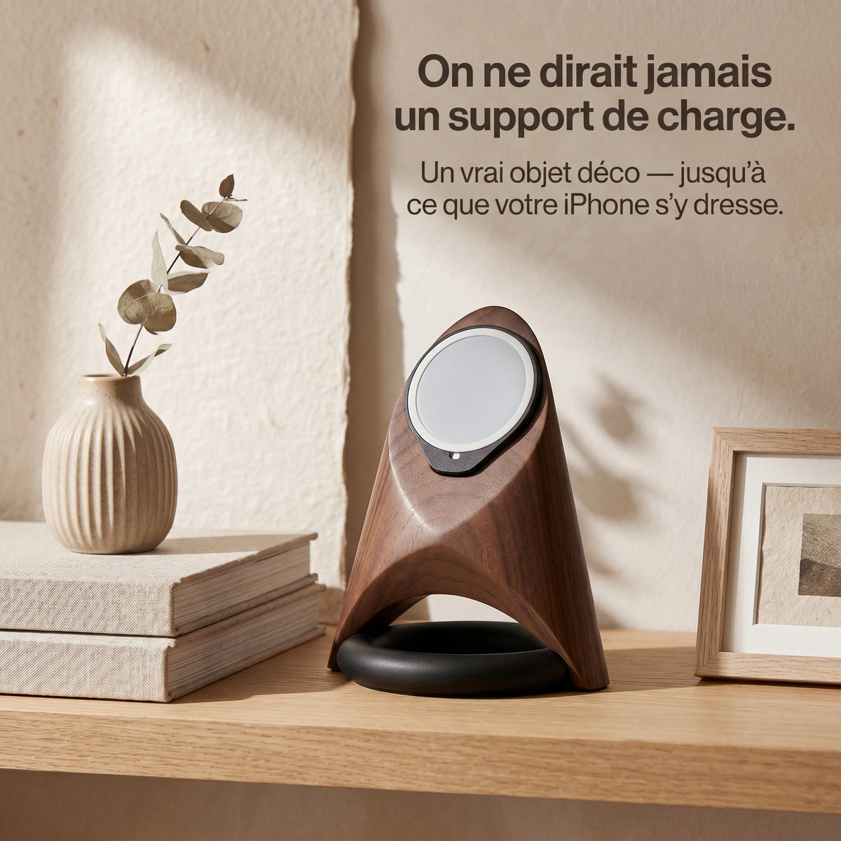 Support téléphone Fusée aspect bois — MagSafe & Android
