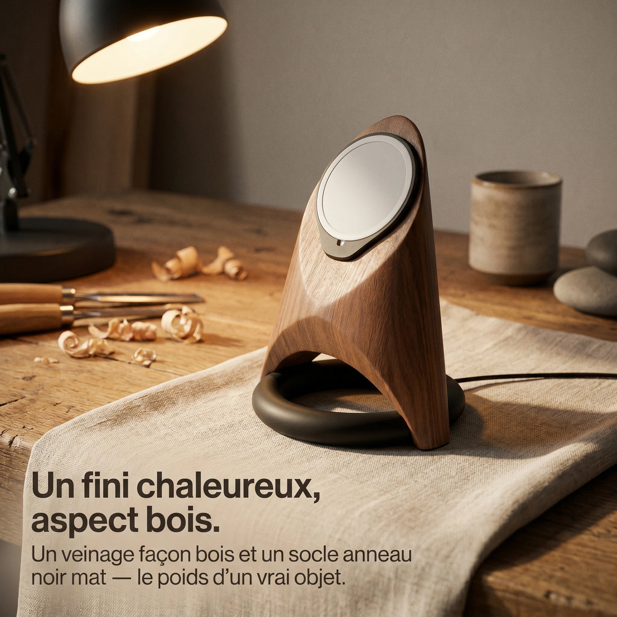Support téléphone Fusée aspect bois — MagSafe & Android
