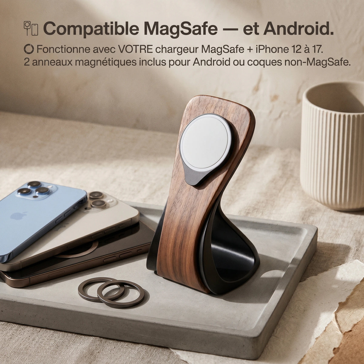 Support téléphone Silhouette aspect bois — MagSafe & Android