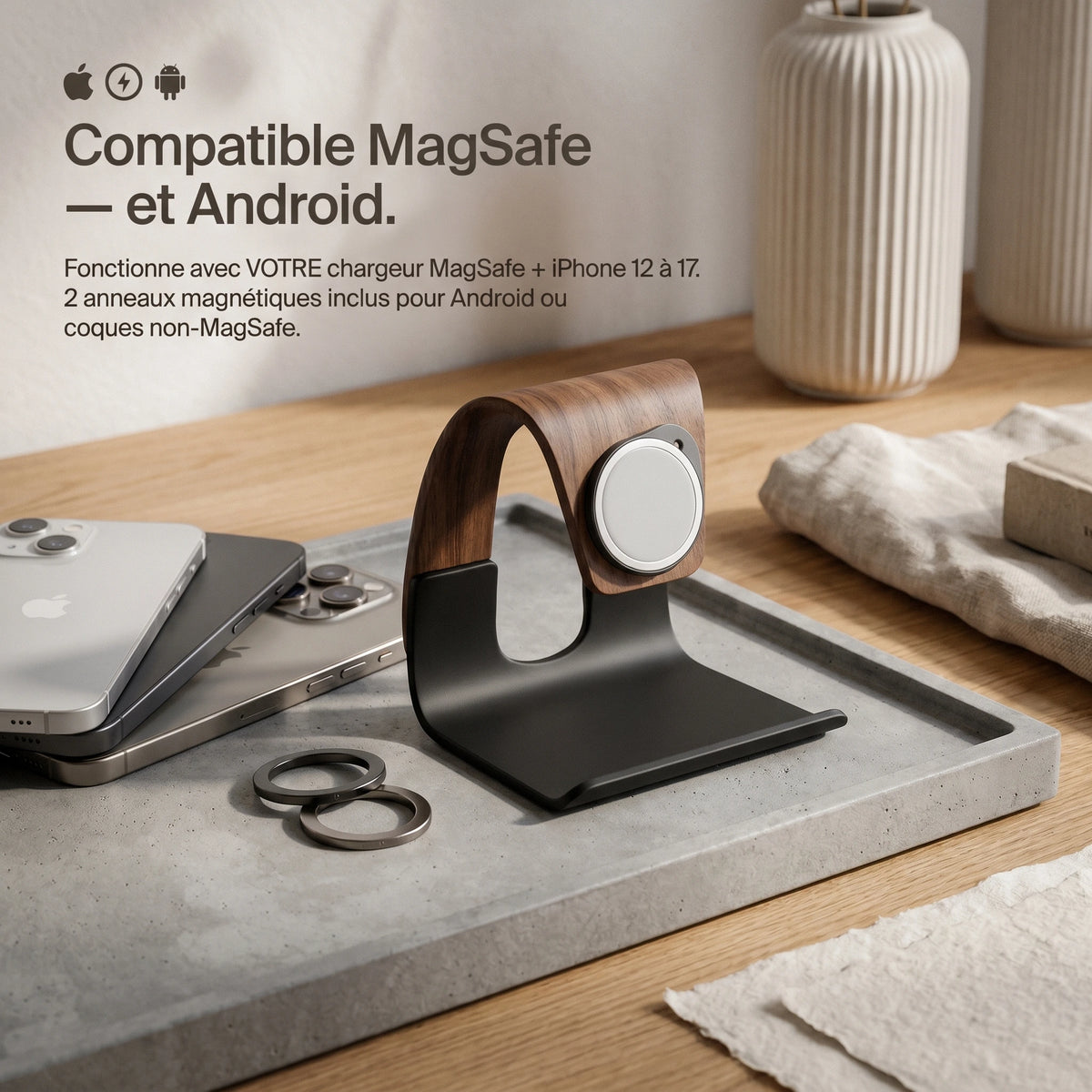Chargeur sans fil Cascade — support MagSafe aspect bois