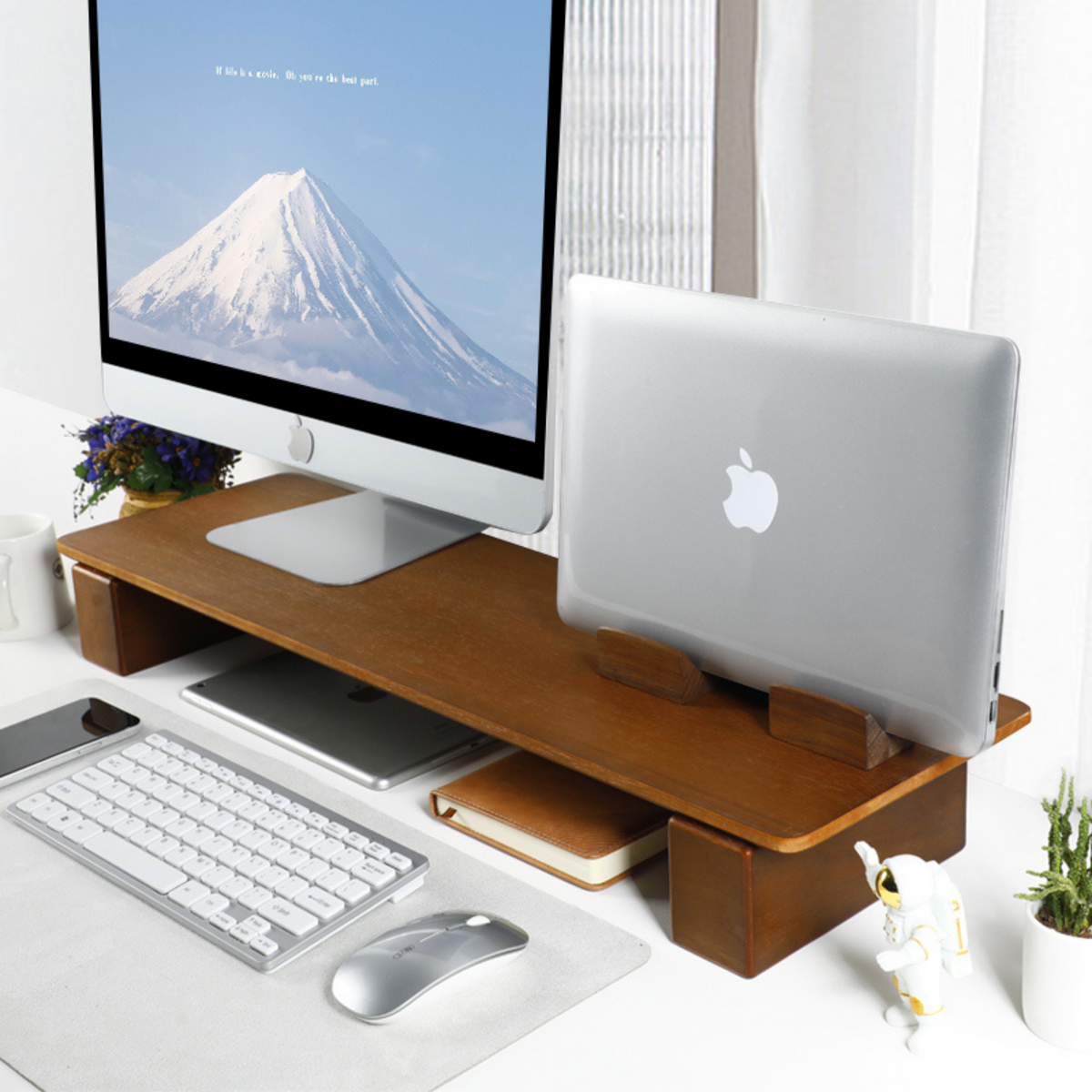 Support écran double bois noyer — 75 cm bureau