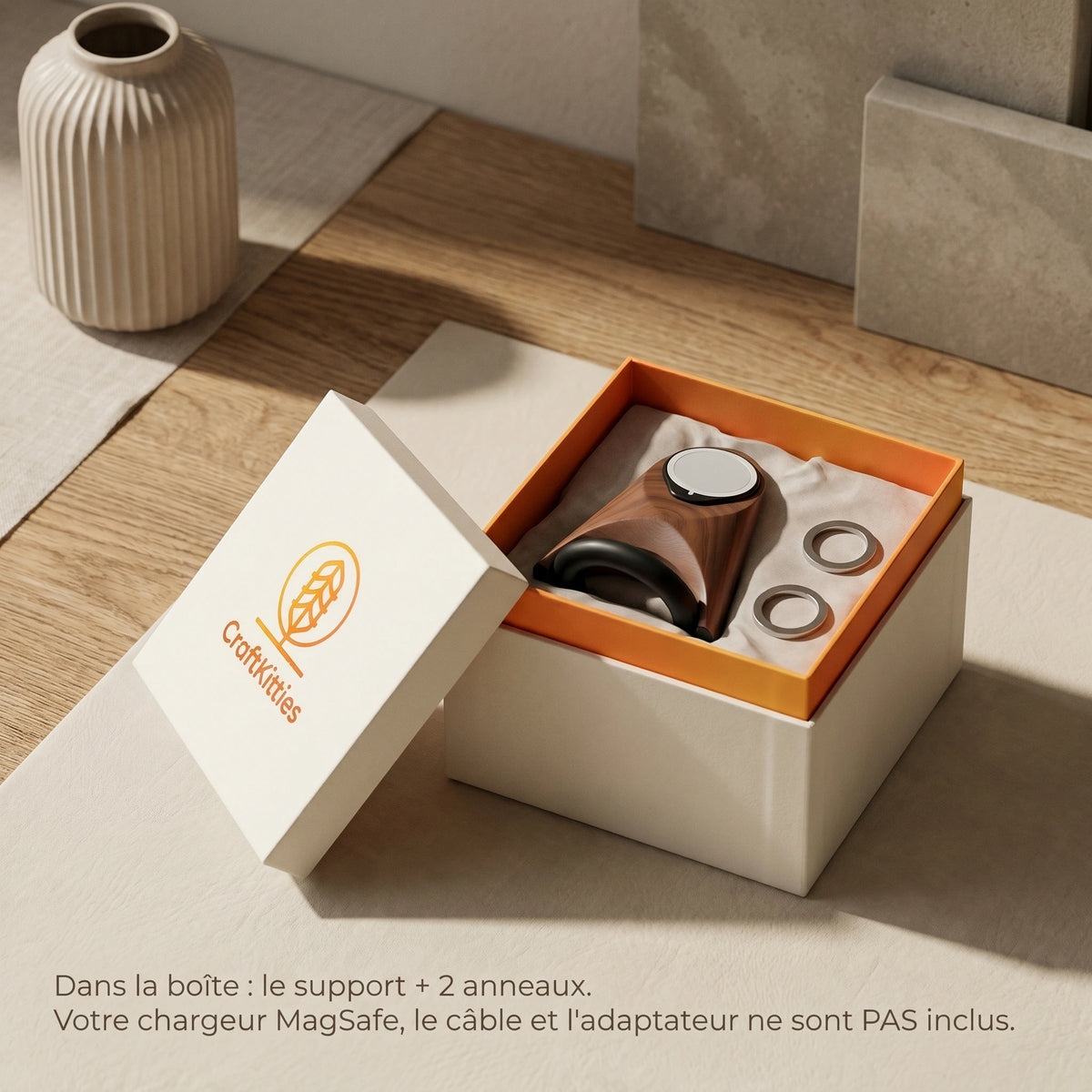 Support téléphone Fusée aspect bois — MagSafe & Android