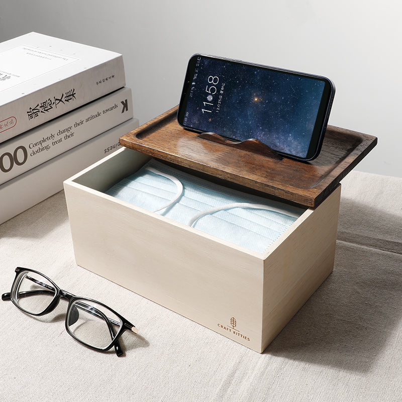 Boîte à masques et support téléphone en bois