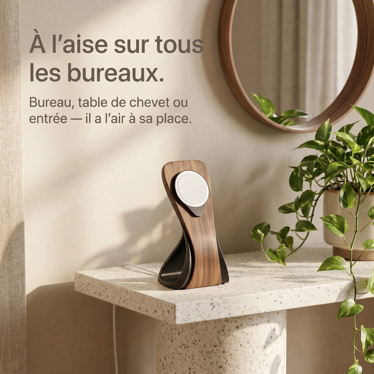 Support téléphone Silhouette aspect bois — MagSafe & Android