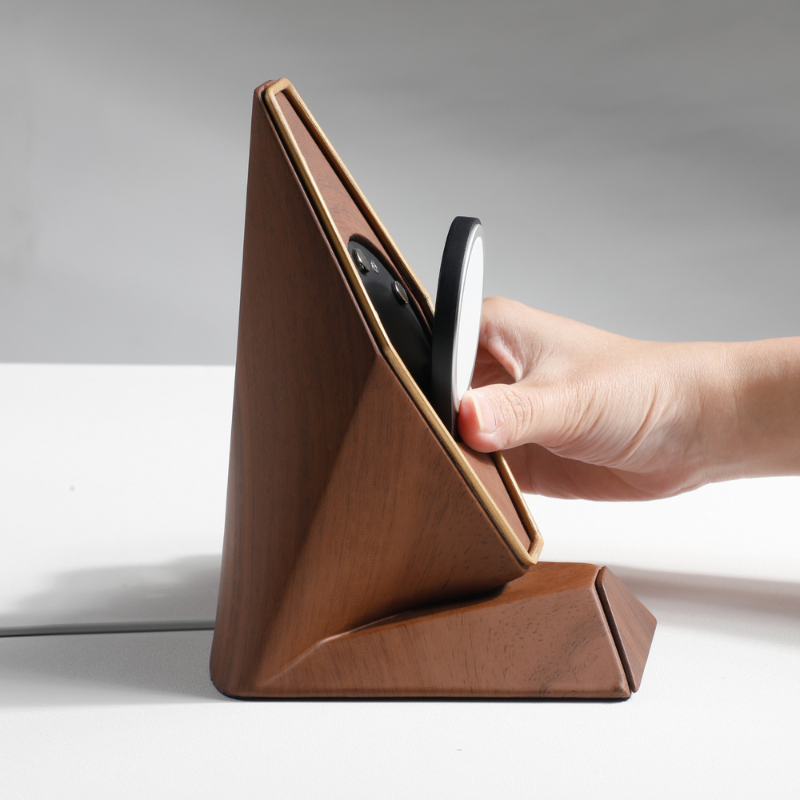 Support téléphone Hexagone aspect bois — MagSafe & Android