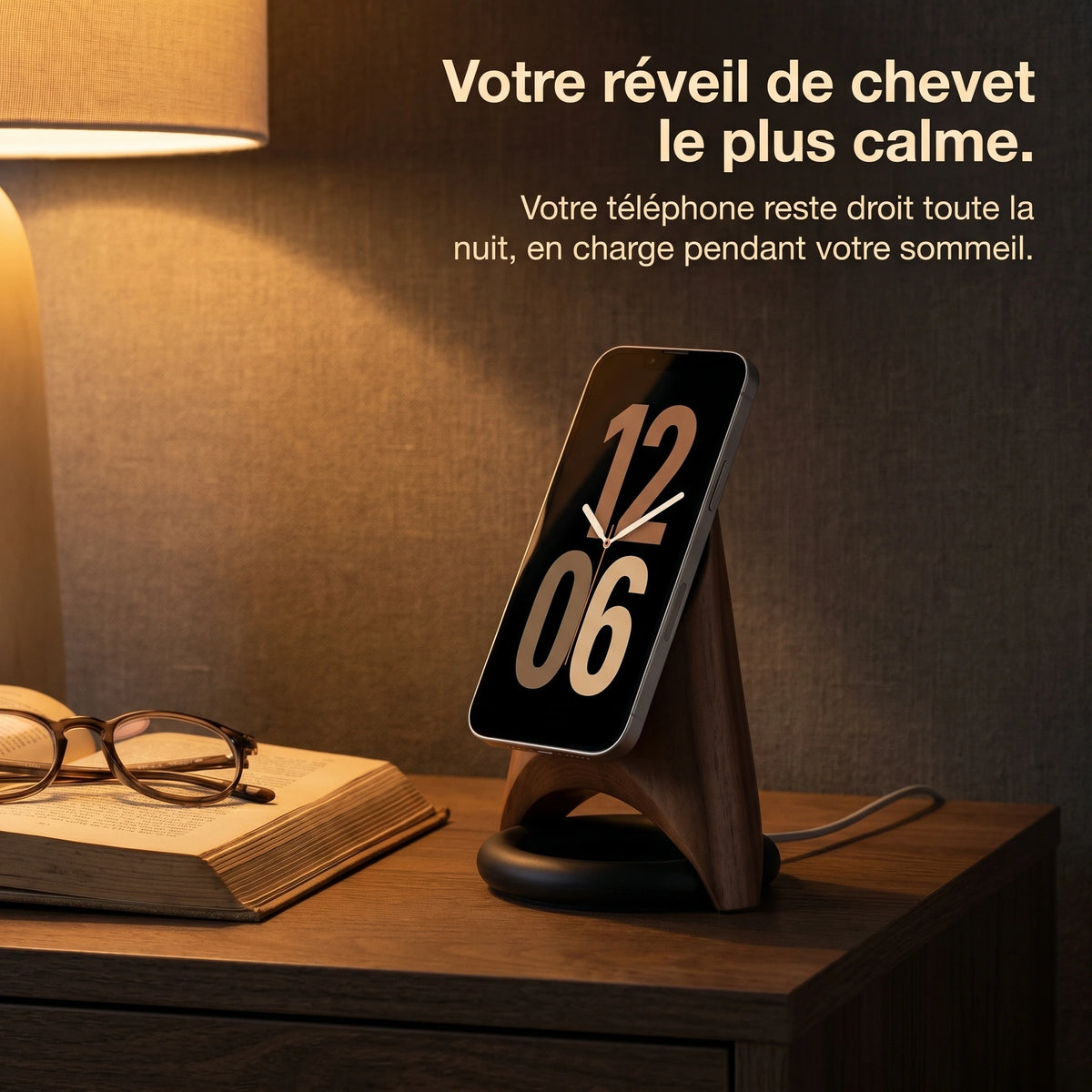 Support téléphone Fusée aspect bois — MagSafe & Android