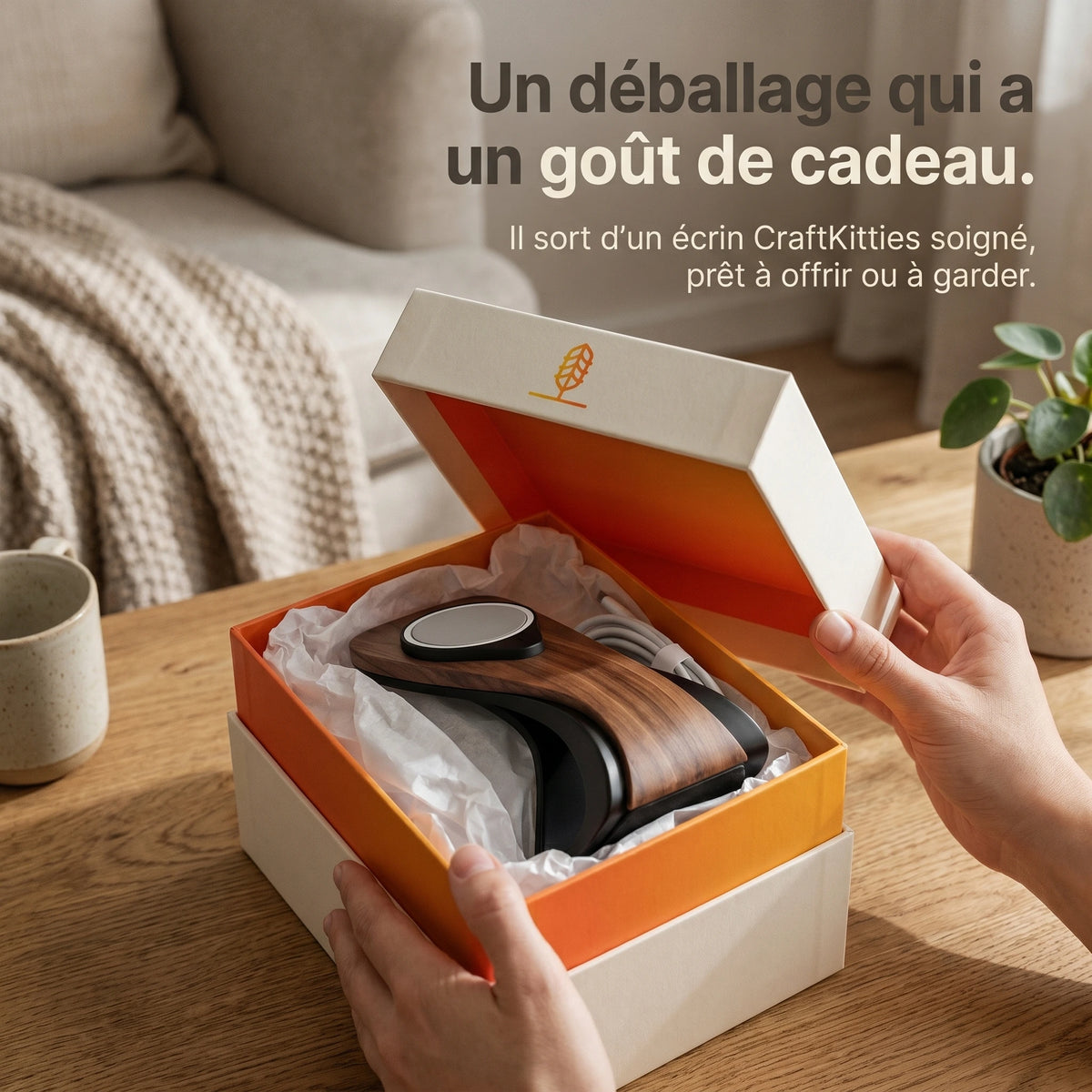 Support téléphone Silhouette aspect bois — MagSafe & Android