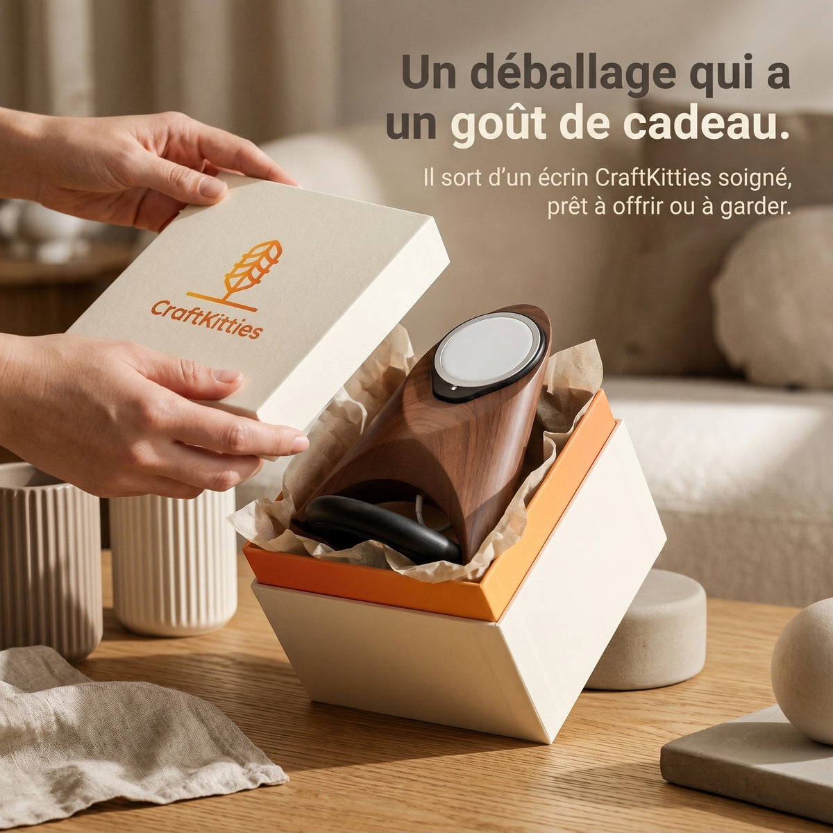 Support téléphone Fusée aspect bois — MagSafe & Android