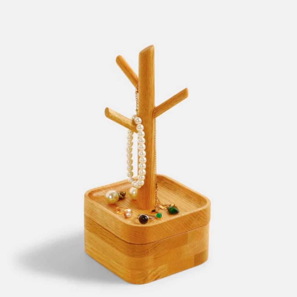 Arbre à bijoux en bois chêne rouge – Avec compartiment & gravure