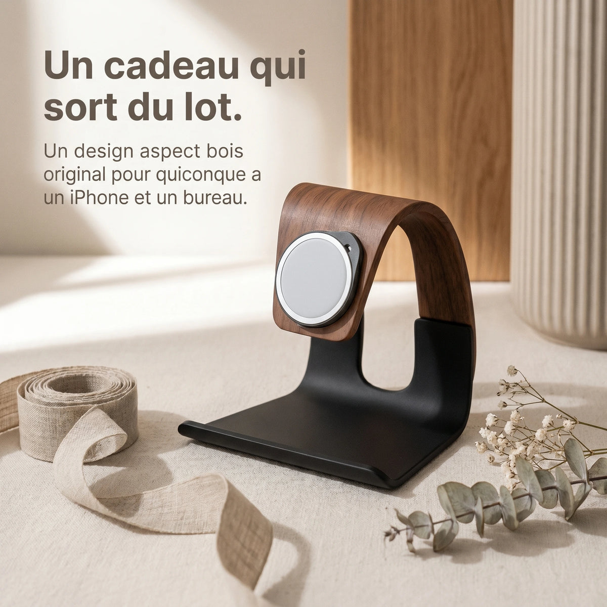 Chargeur sans fil Cascade — support MagSafe aspect bois
