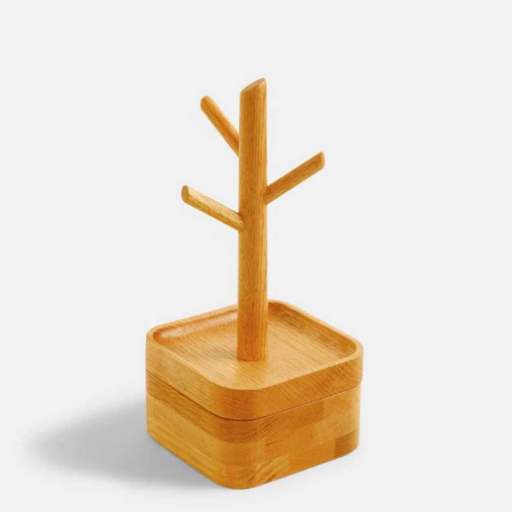Arbre à bijoux en bois chêne rouge – Avec compartiment & gravure