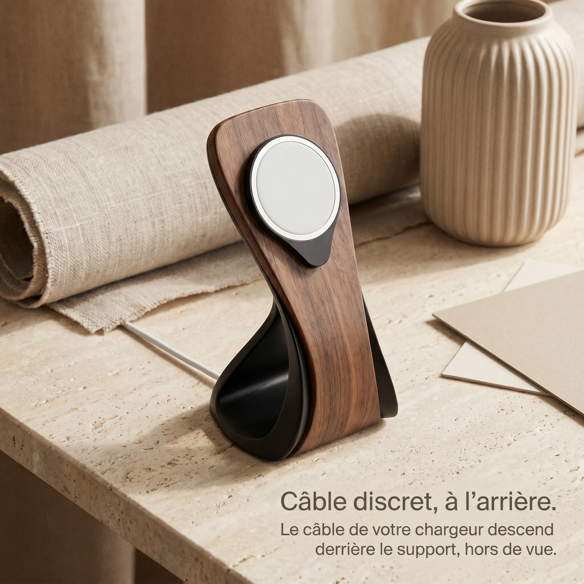 Support téléphone Silhouette aspect bois — MagSafe & Android