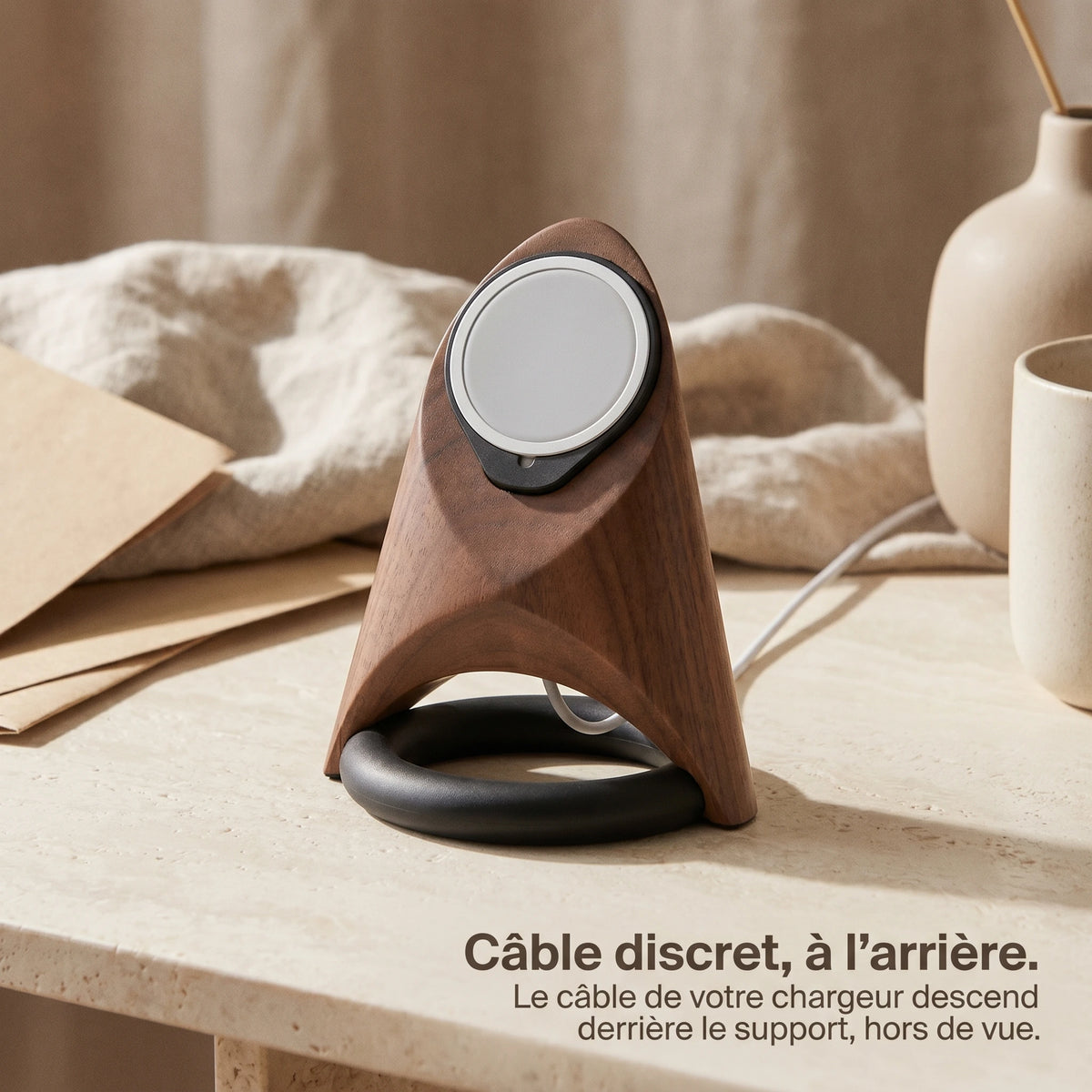 Support téléphone Fusée aspect bois — MagSafe & Android