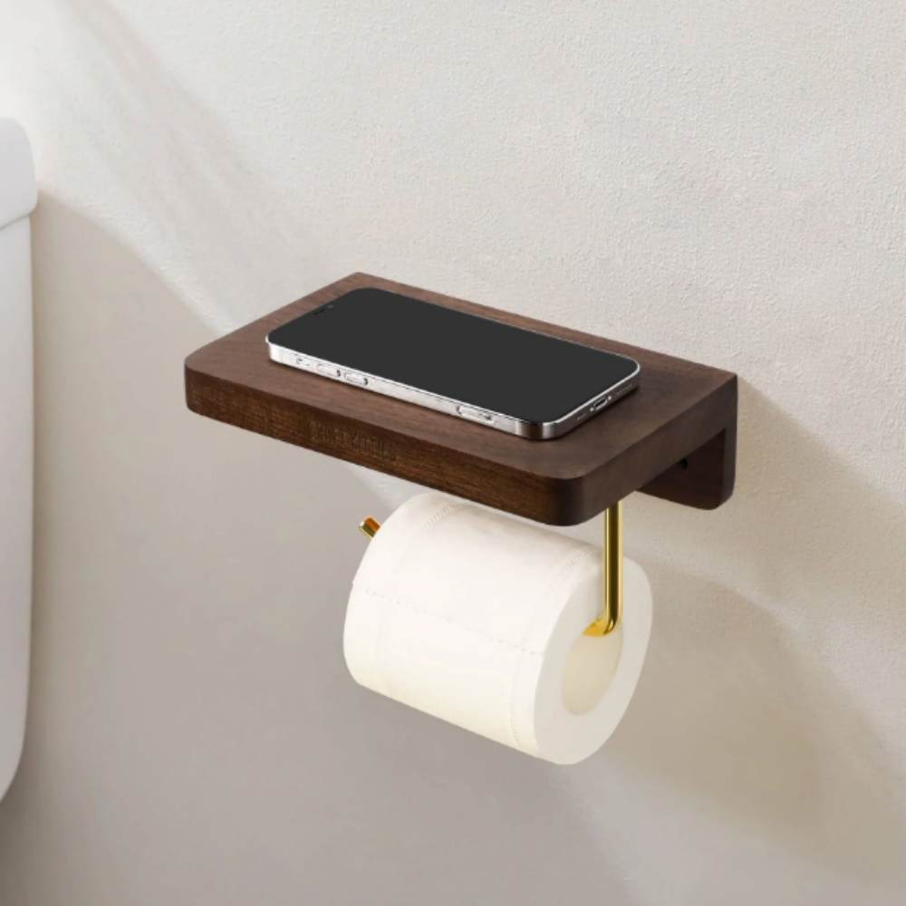 Dérouleur papier toilette noyer massif avec plateau — LUCIO
