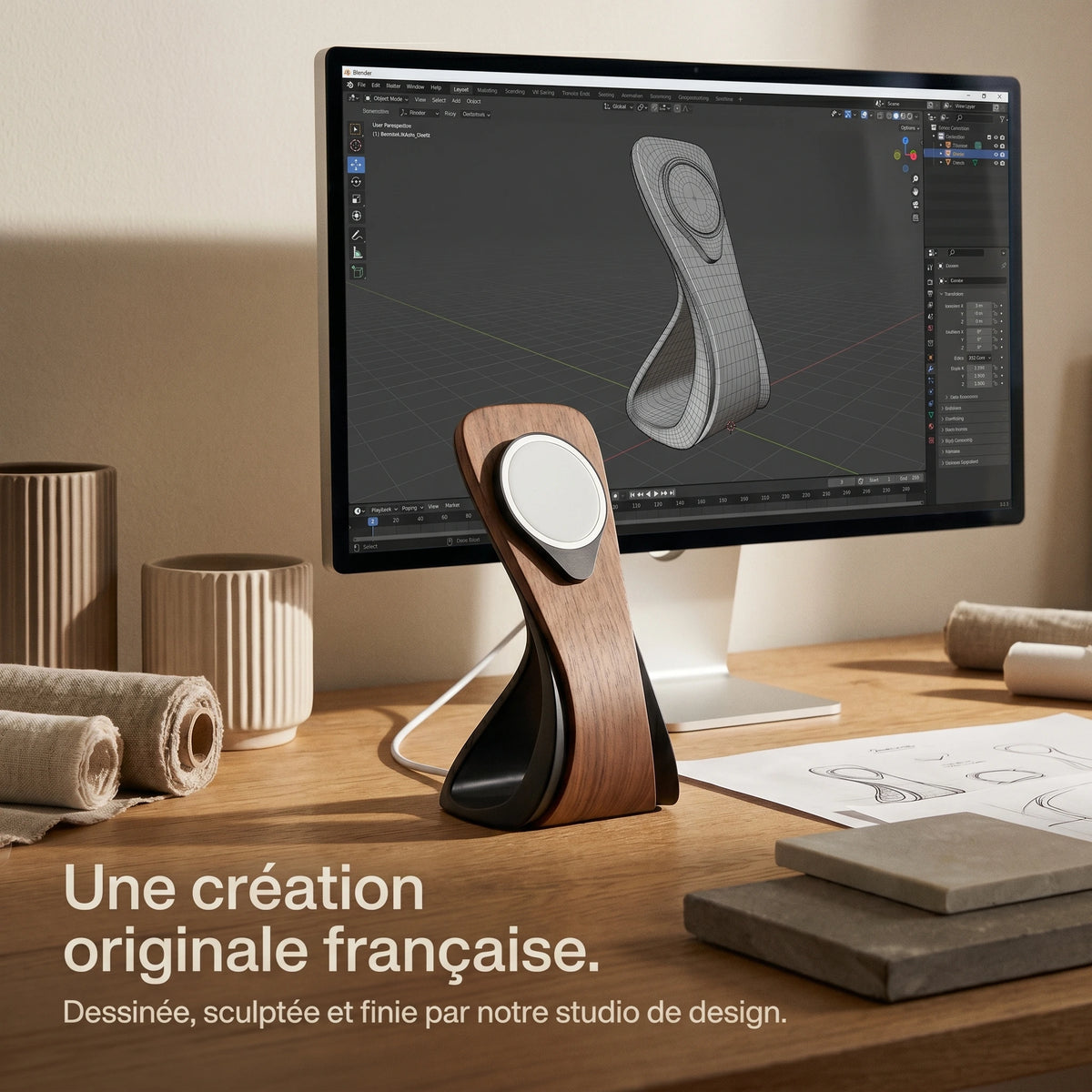Support téléphone Silhouette aspect bois — MagSafe & Android