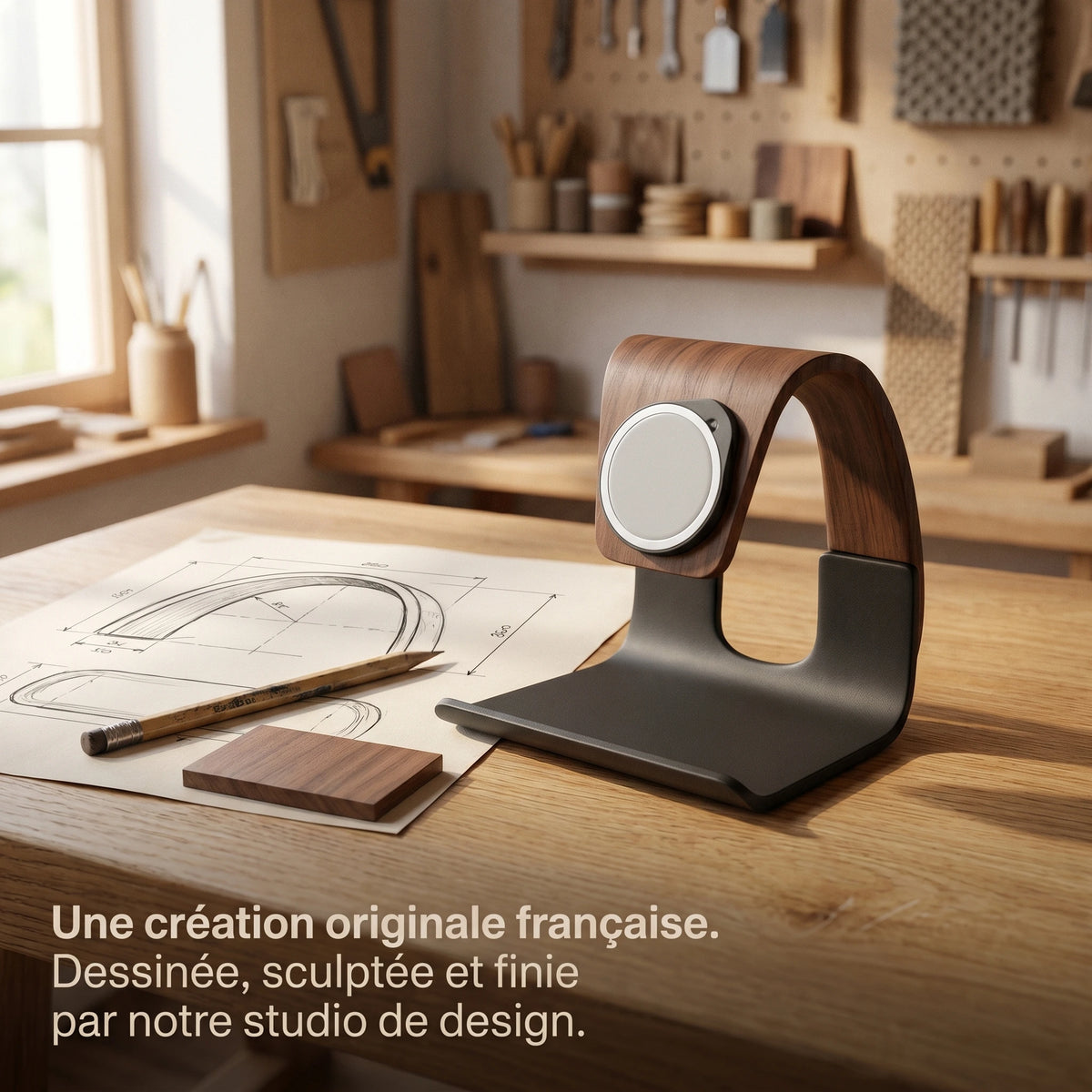 Chargeur sans fil Cascade — support MagSafe aspect bois