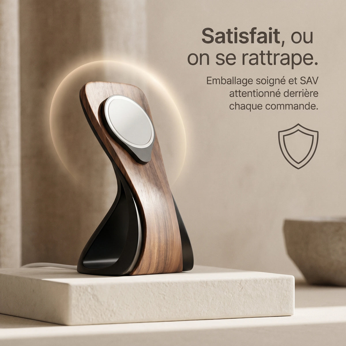 Support téléphone Silhouette aspect bois — MagSafe & Android