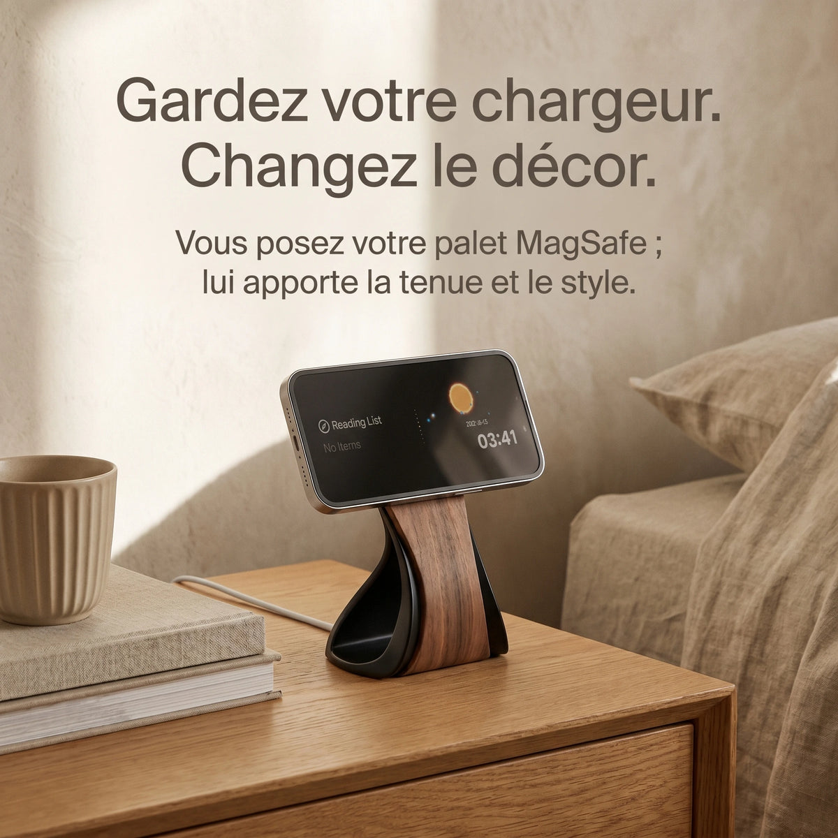 Support téléphone Silhouette aspect bois — MagSafe & Android