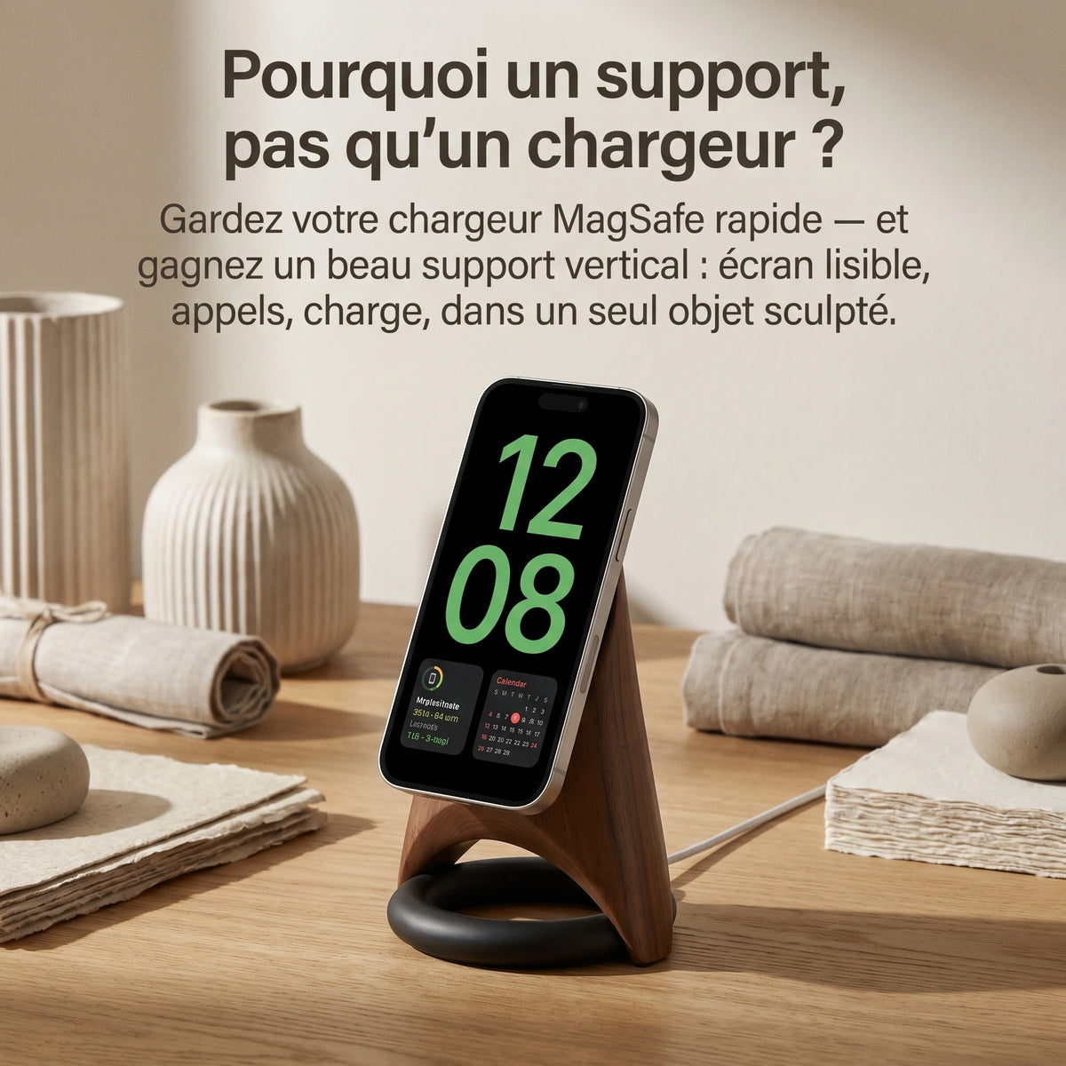 Support téléphone Fusée aspect bois — MagSafe & Android