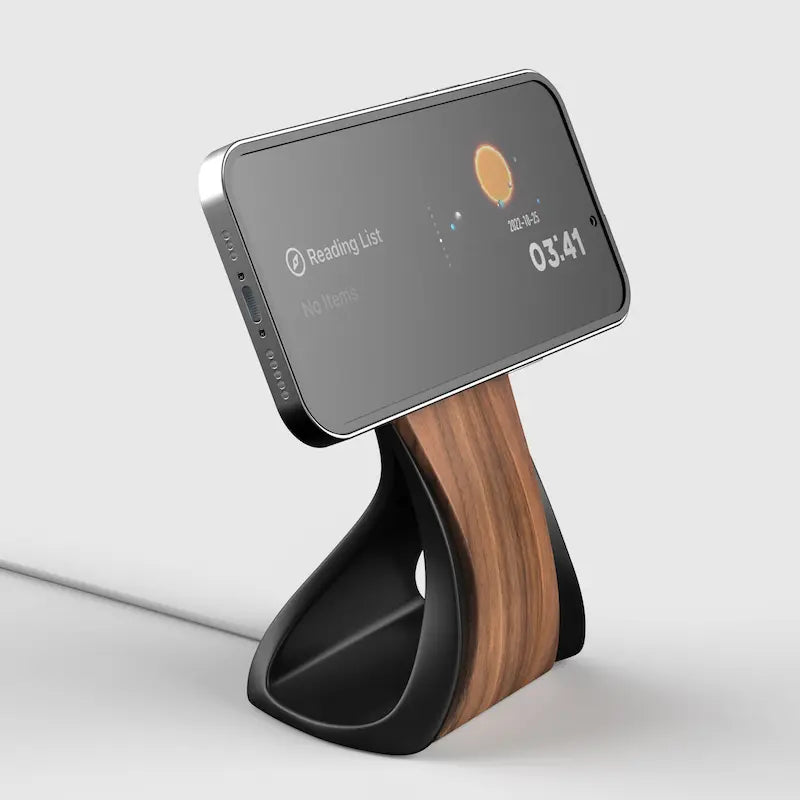 Support MagSafe WaveCraft — chargeur iPhone bois bureau