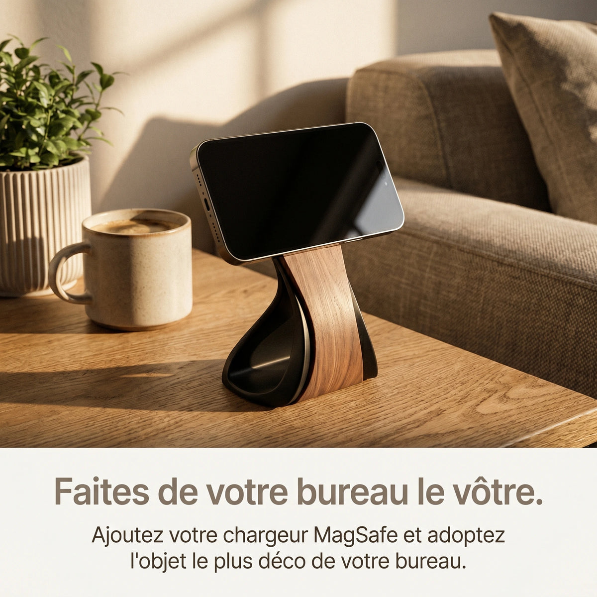 Support téléphone Silhouette aspect bois — MagSafe & Android