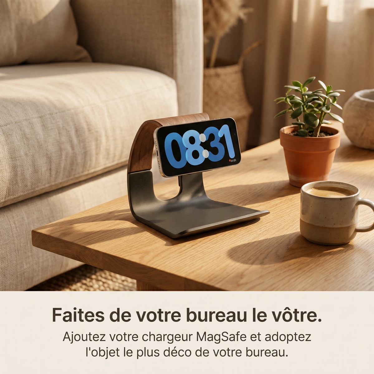 Chargeur sans fil Cascade — support MagSafe aspect bois