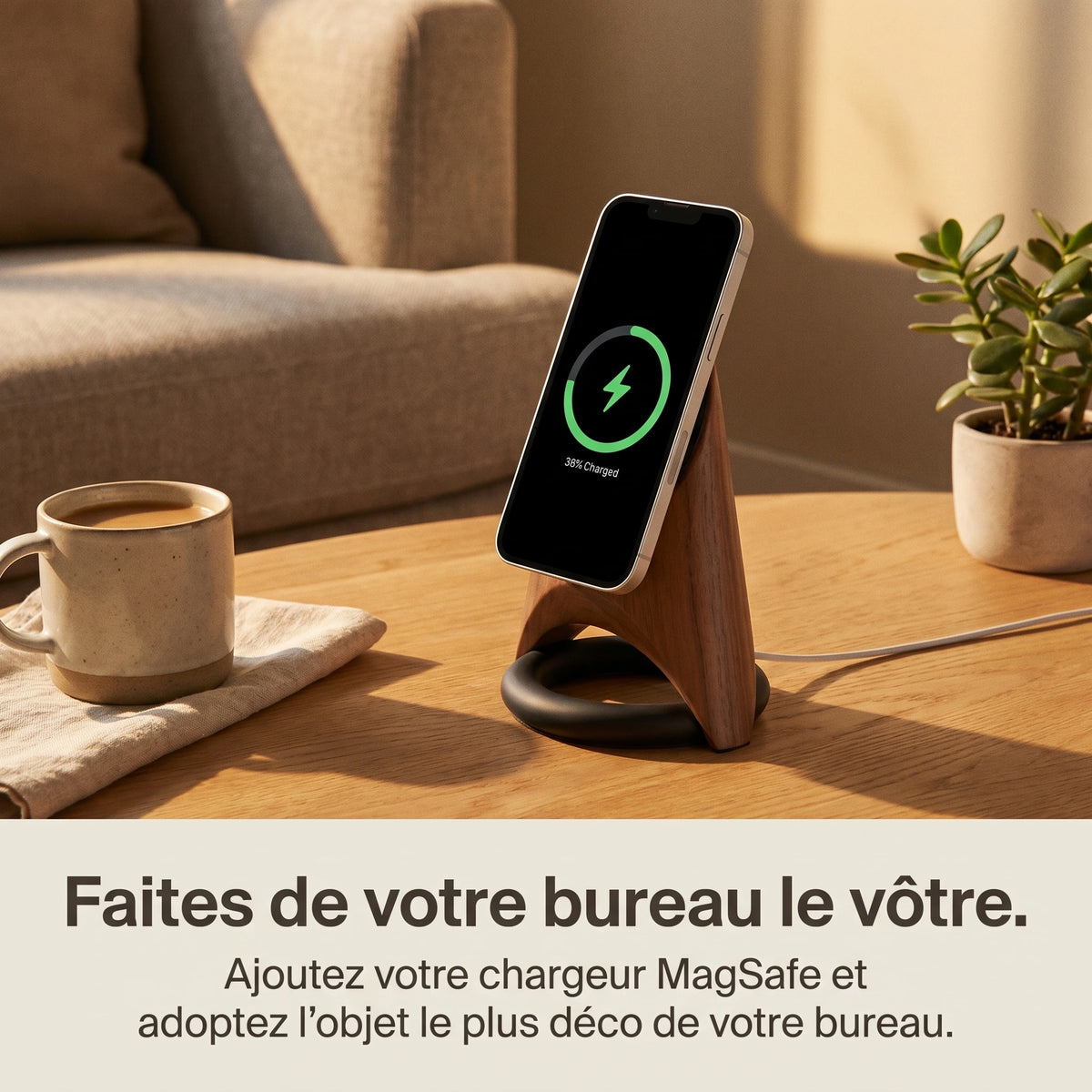 Support téléphone Fusée aspect bois — MagSafe & Android