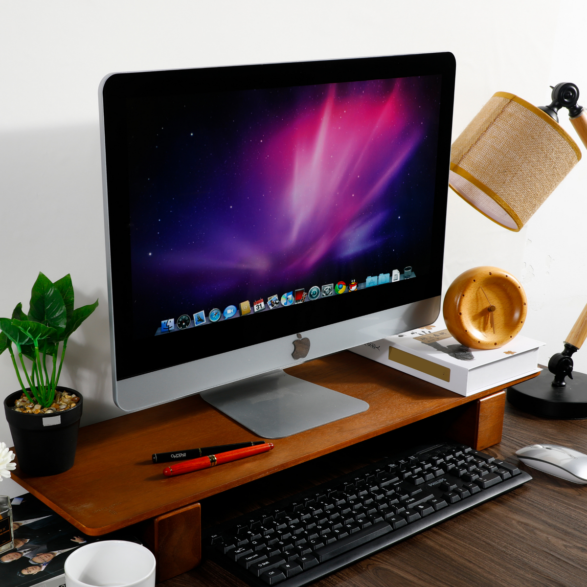 Support écran double bois noyer — 75 cm bureau