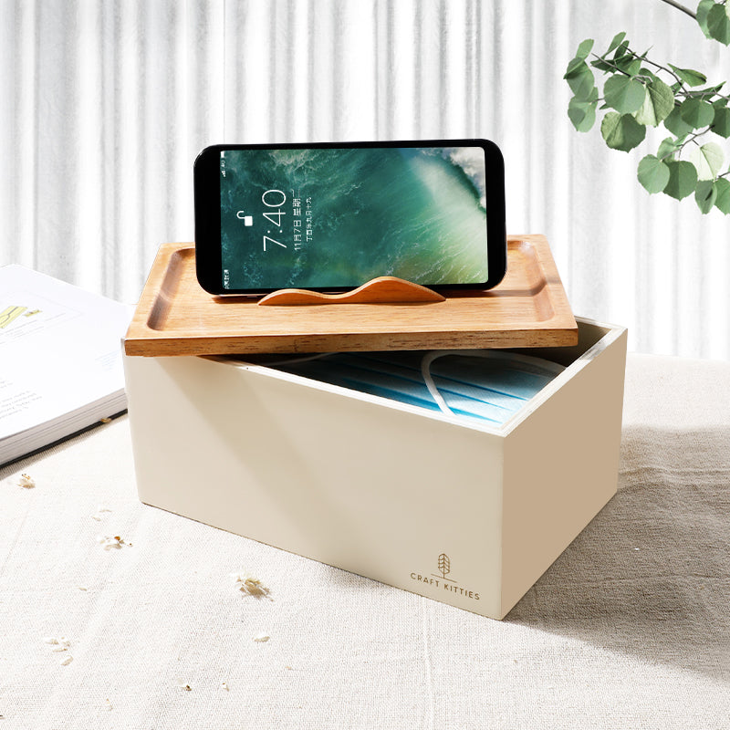 Boîte à masques et support téléphone en bois