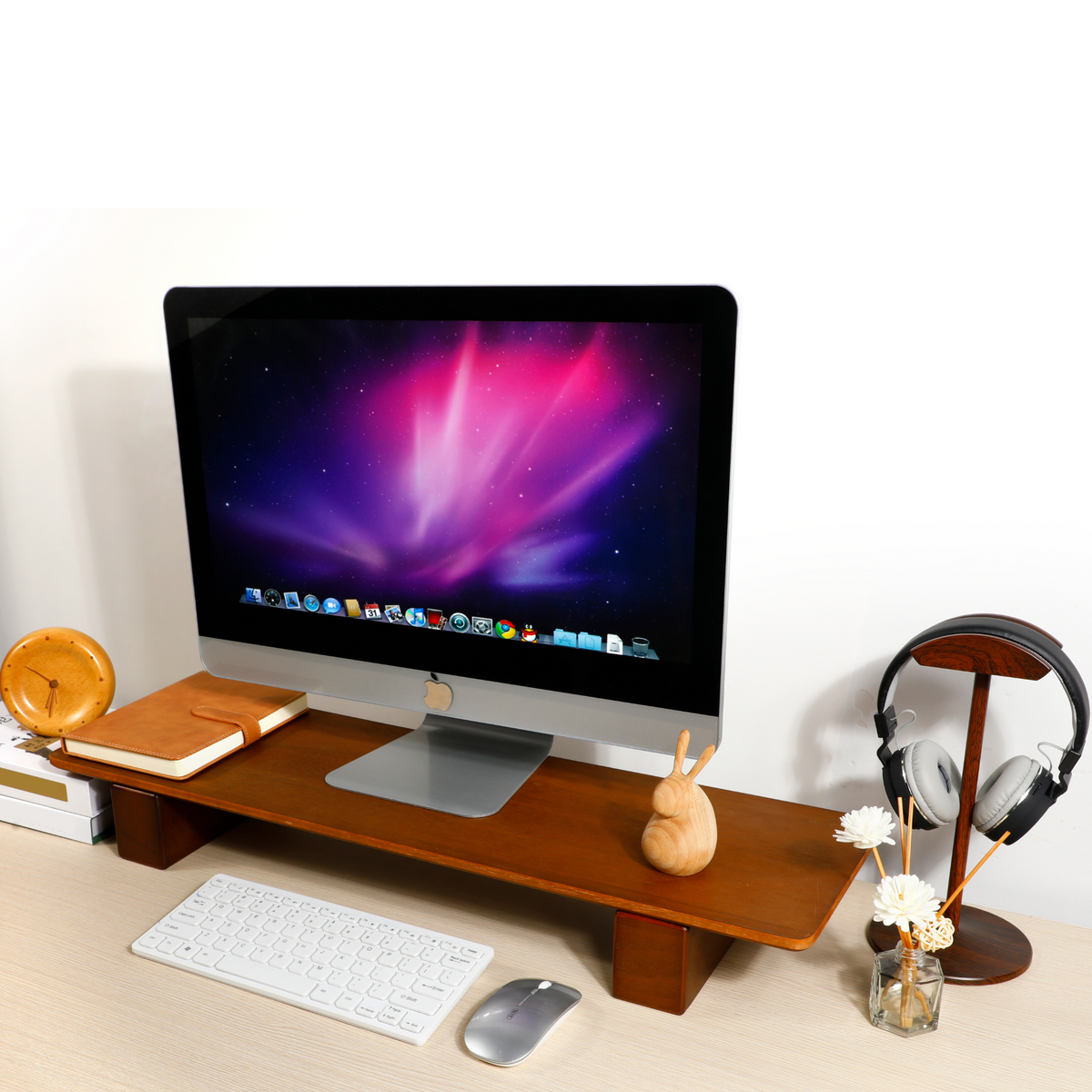 Support écran double bois noyer — 75 cm bureau