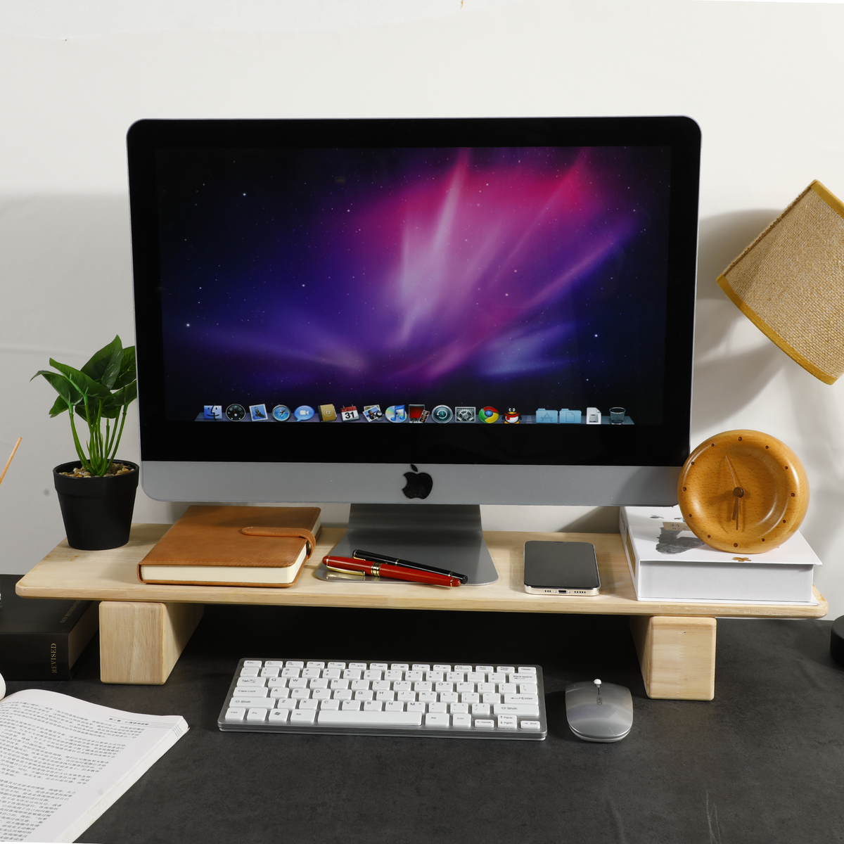 Support écran double bois hévéa — 75 cm bureau