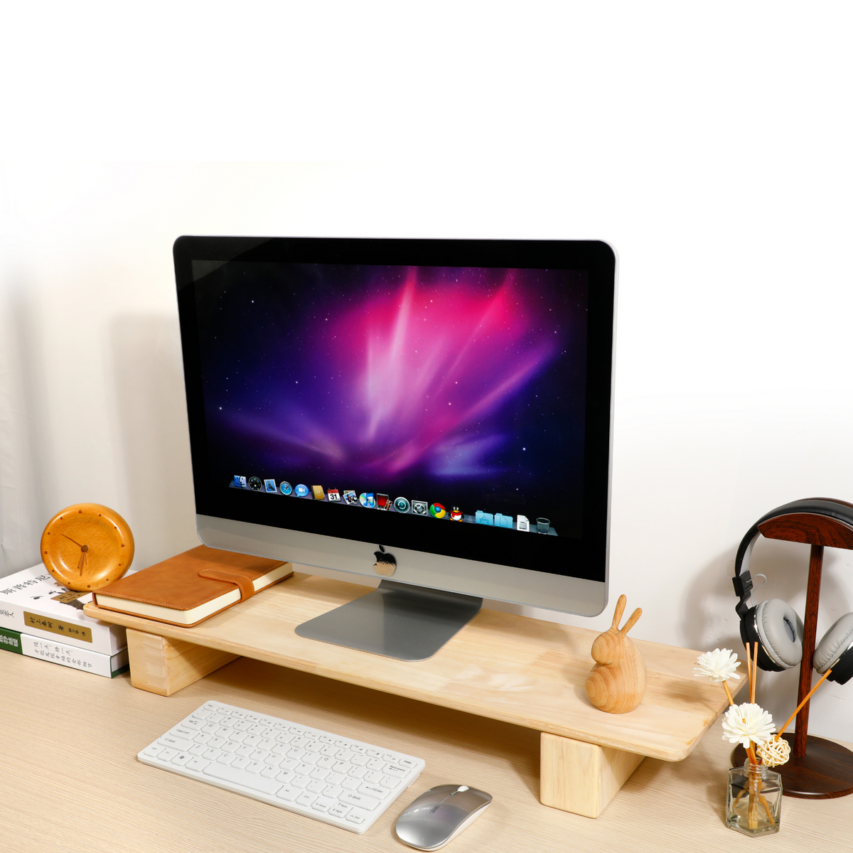 Support écran double bois hévéa — 75 cm bureau