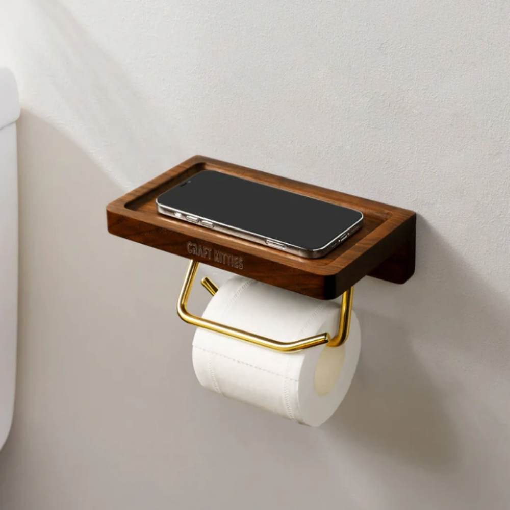 Dérouleur papier toilette bois massif noyer avec plateau — FANGO