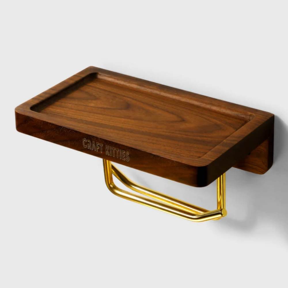 Dérouleur papier toilette bois massif noyer avec plateau — FANGO