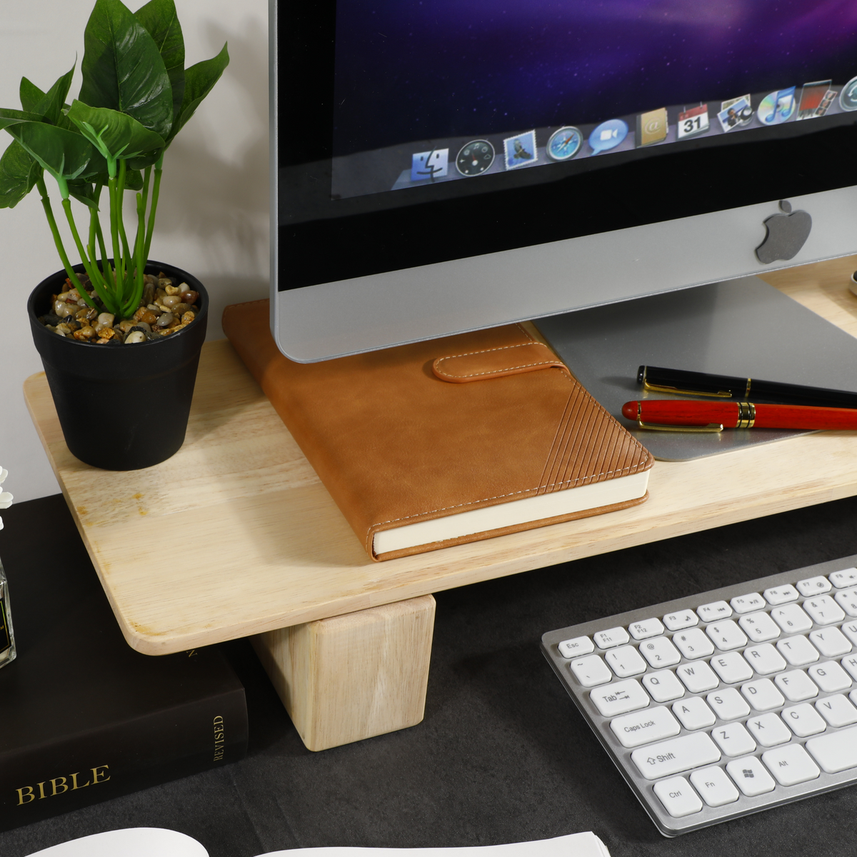 Support écran double bois hévéa — 75 cm bureau