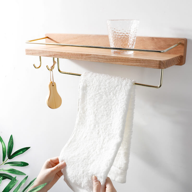 Étagère murale en bois avec barre porte-serviettes et crochet